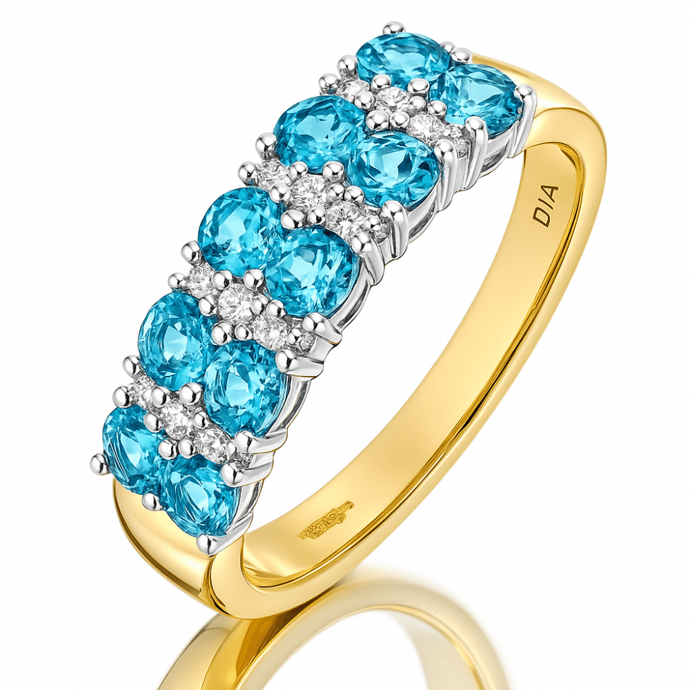 9ct Yellow Gold 1.28 Carat Sky Blue Topaz and Diamond Half Eternity Ring
