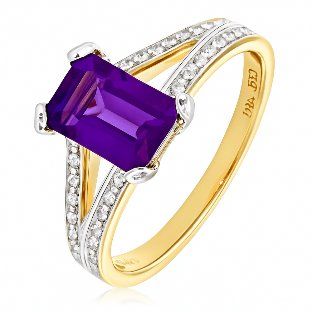 9ct Yellow Gold Single Stone Amethyst with 0.13ct Diamond Set Collette and Shoulders Ladies Ring