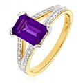 9ct Yellow Gold Single Stone Amethyst with 0.13ct Diamond Set Collette and Shoulders Ladies Ring