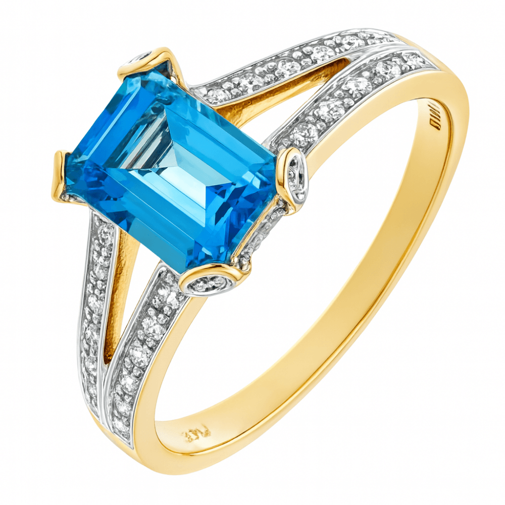 9ct Yellow Gold 2 Carat Sky Blue Topaz and Diamond Split Shank Octagon Engagement Ring