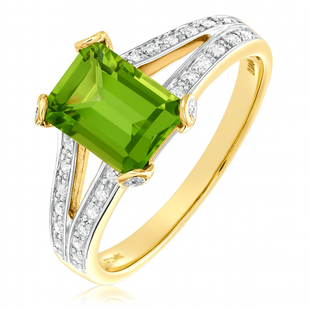 9ct Yellow Gold Single Stone Peridot with 0.13ct Diamond Set Collette and Shoulders Ladies Ring