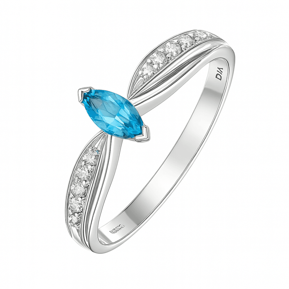 Ladies 9ct White Gold 0.03ct Diamond and Marquise Blue Topaz Ring