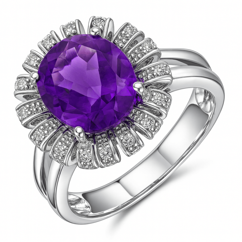 Amethyst and Diamond Flower Cluster Ring 9ct White Gold | Prime Jewellery