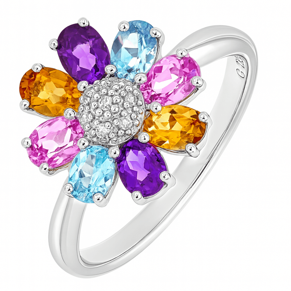 9ct White Gold Ladies 0.03ct Diamond, Citrine, Amethyst, Blue and Pink Topaz Ring