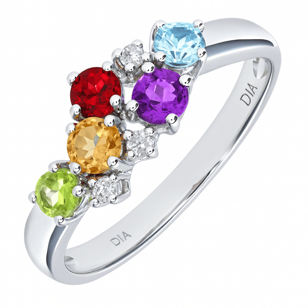 Ladies 9ct White Gold 0.06ct Diamond and Multi Gem Stone Dress Ring