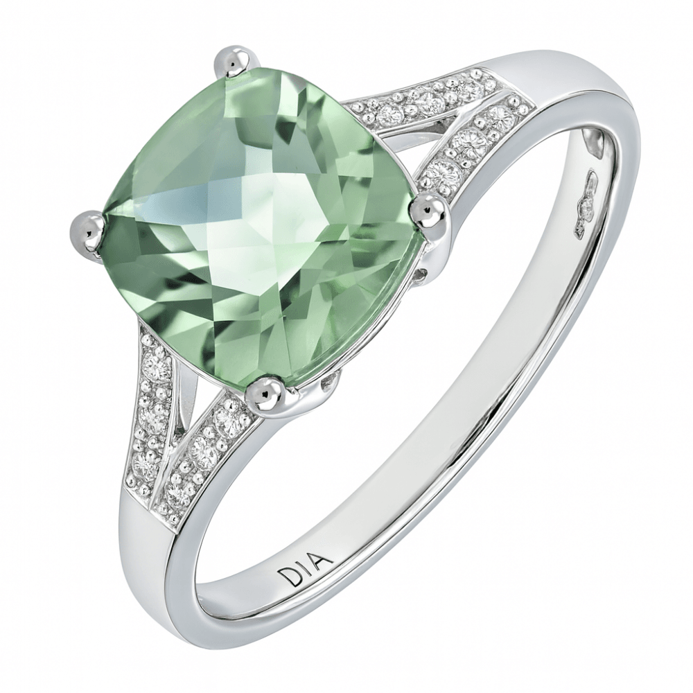 9ct White Gold Green Amethyst and Diamond Ring