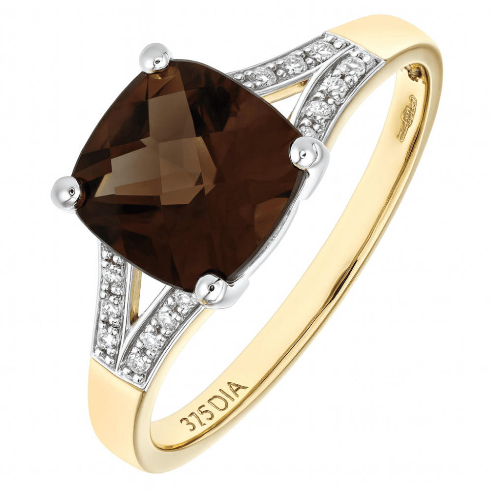 9ct Yellow Gold Cushion Cut Smokey Ring Wth 0.07ct Diamond Shoulders