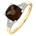 9ct Yellow Gold Cushion Cut Smokey Ring Wth 0.07ct Diamond Shoulders
