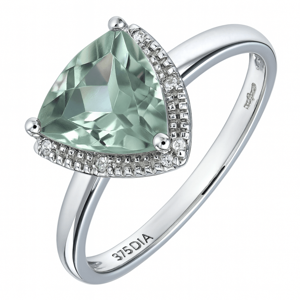 9ct White Gold Triangular Cut Green Amethyst And 0.025ct Diamond Ring