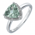 9ct White Gold Triangular Cut Green Amethyst And 0.025ct Diamond Ring
