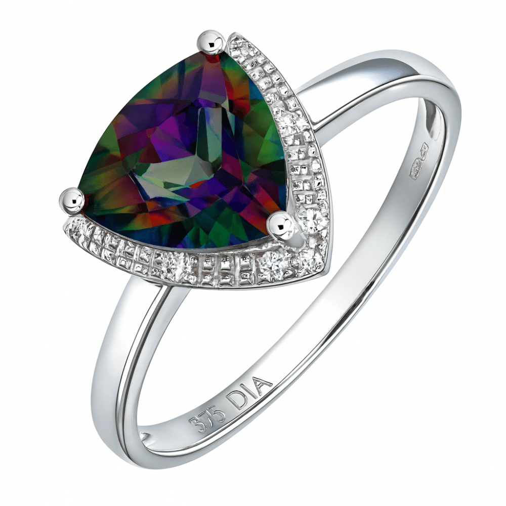 9ct White Gold 2 Carat Mystic Topaz and diamond Trillion Halo Engagement Ring