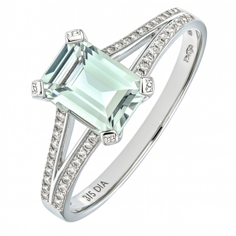 9ct White Gold 1.52ct Emerald Cut Green Amethyst and Diamond Shoulders Ring