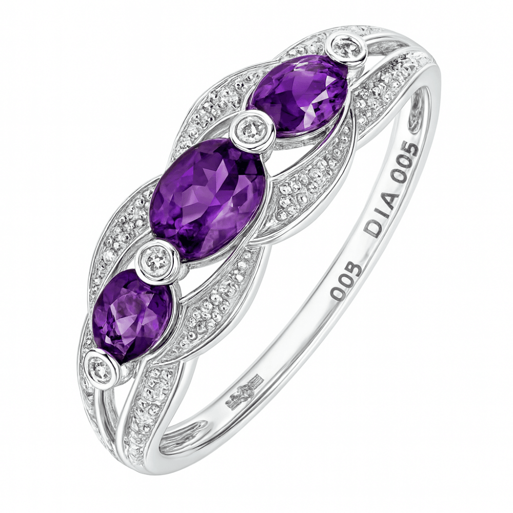 9ct White Gold Amethyst And 0.05ct Diamond Fig 8 Design Ring