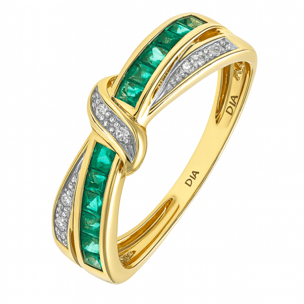 Square Emerald and Diamond Crossover Bow Ring 9ct Yellow Gold | Prime Jewellery