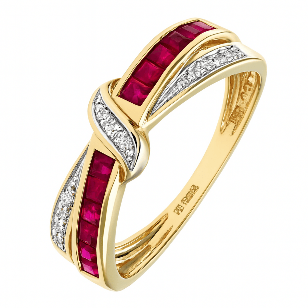 9ct Yellow Gold Ruby And 0.025ct Diamond Bow Ring
