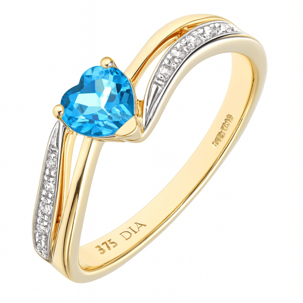 Ladies 9ct Yellow Gold 0.05ct Diamond and Heart Blue Topaz Ring