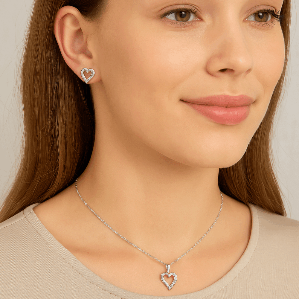 9ct White Gold 0.01ct Diamond Heart Pendant Necklace and Earrings Set