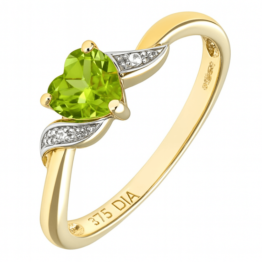 9ct Yellow Gold Peridot And 0.01ct Diamond Heart Ring