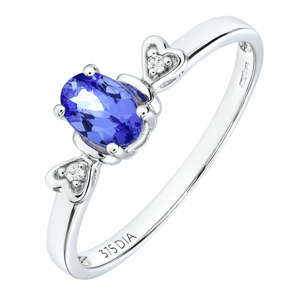9ct White Gold Tanzanite Ring With 0.01ct Diamond Set Heart Shoulders