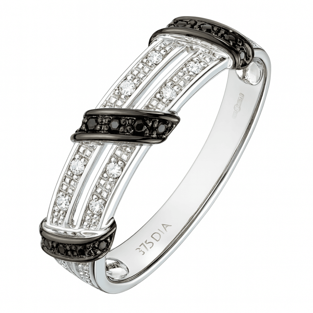 9ct White Gold 0.12 Carat Natural Black and White Diamond Crossover Eternity Ring