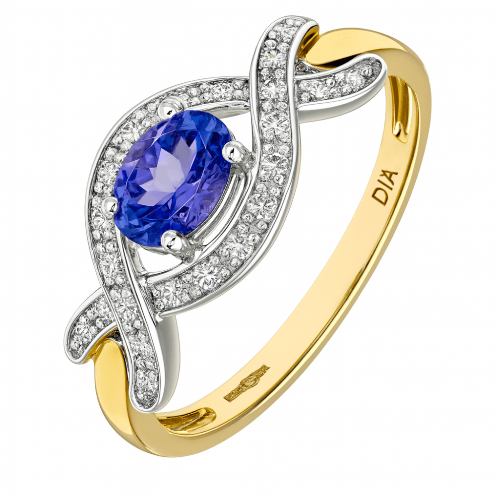 Oval Tanzanite and Diamond Crossover Ring 9ct Yellow Gold | Prime Jewellery