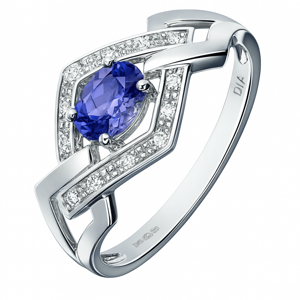 9ct White Gold Tanzanite and Pave Set 0.05ct Diamond Link Ring