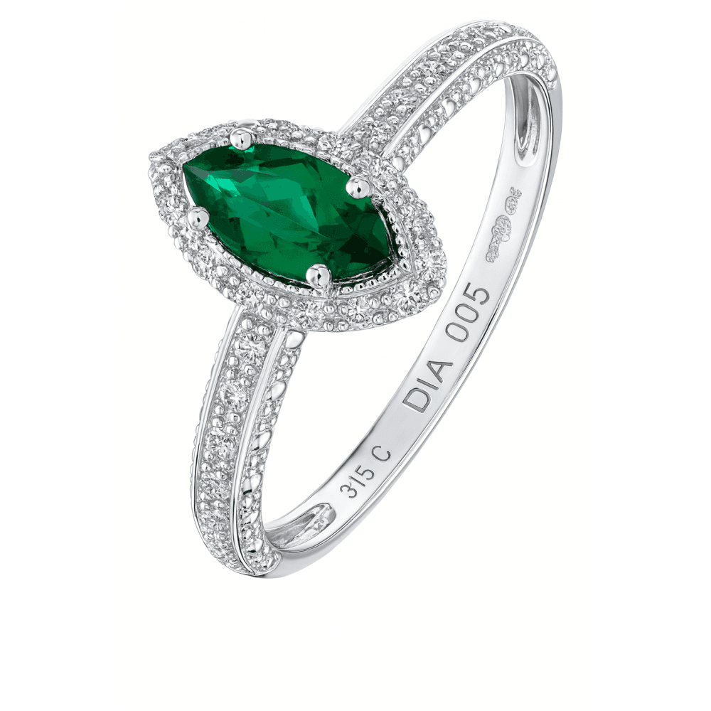 9ct White Gold 0.85ct Created Marquise Emerald and Diamond Halo Ring