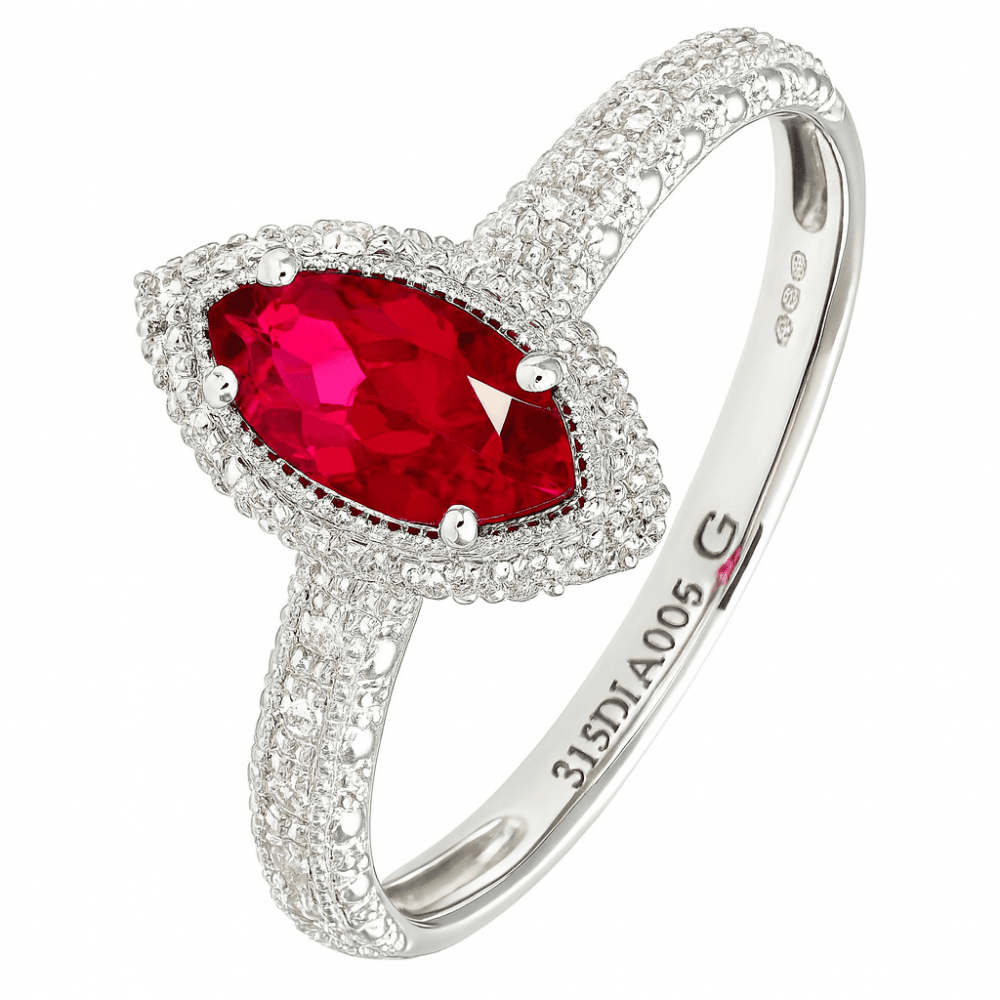 9ct White Gold Created Ruby And 0.05ct Diamond Marquise Cluster Ring
