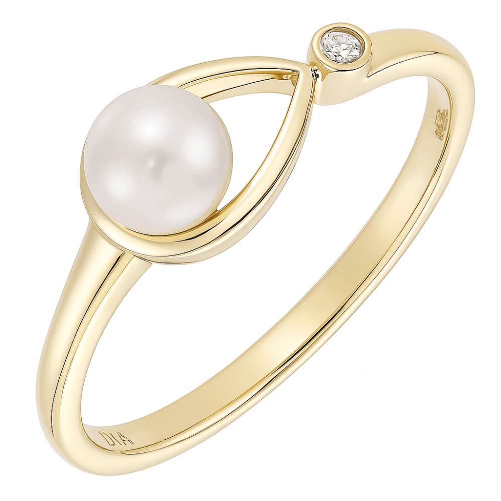9ct Yellow Gold 0.01ct Diamond And Cultured Pearl Teardrop Ring