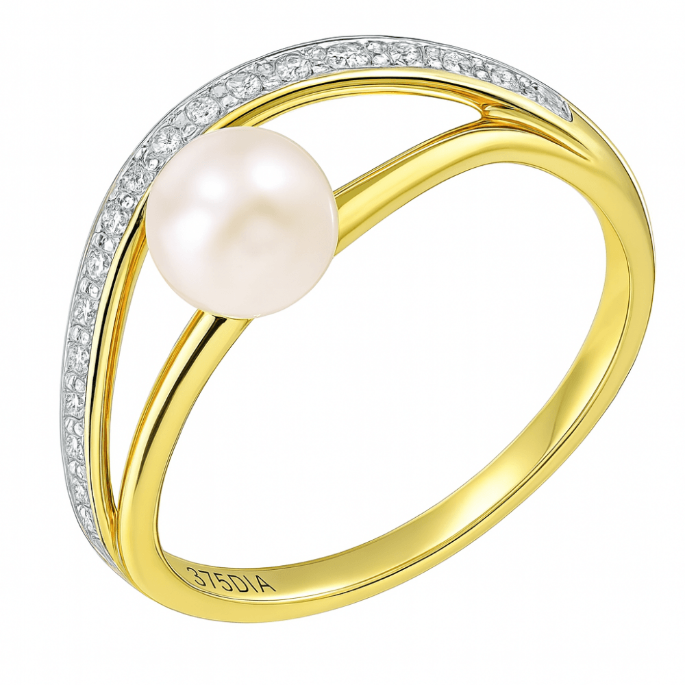 9ct Yellow Gold 0.01ct Diamond And Cultured Pearl Ring
