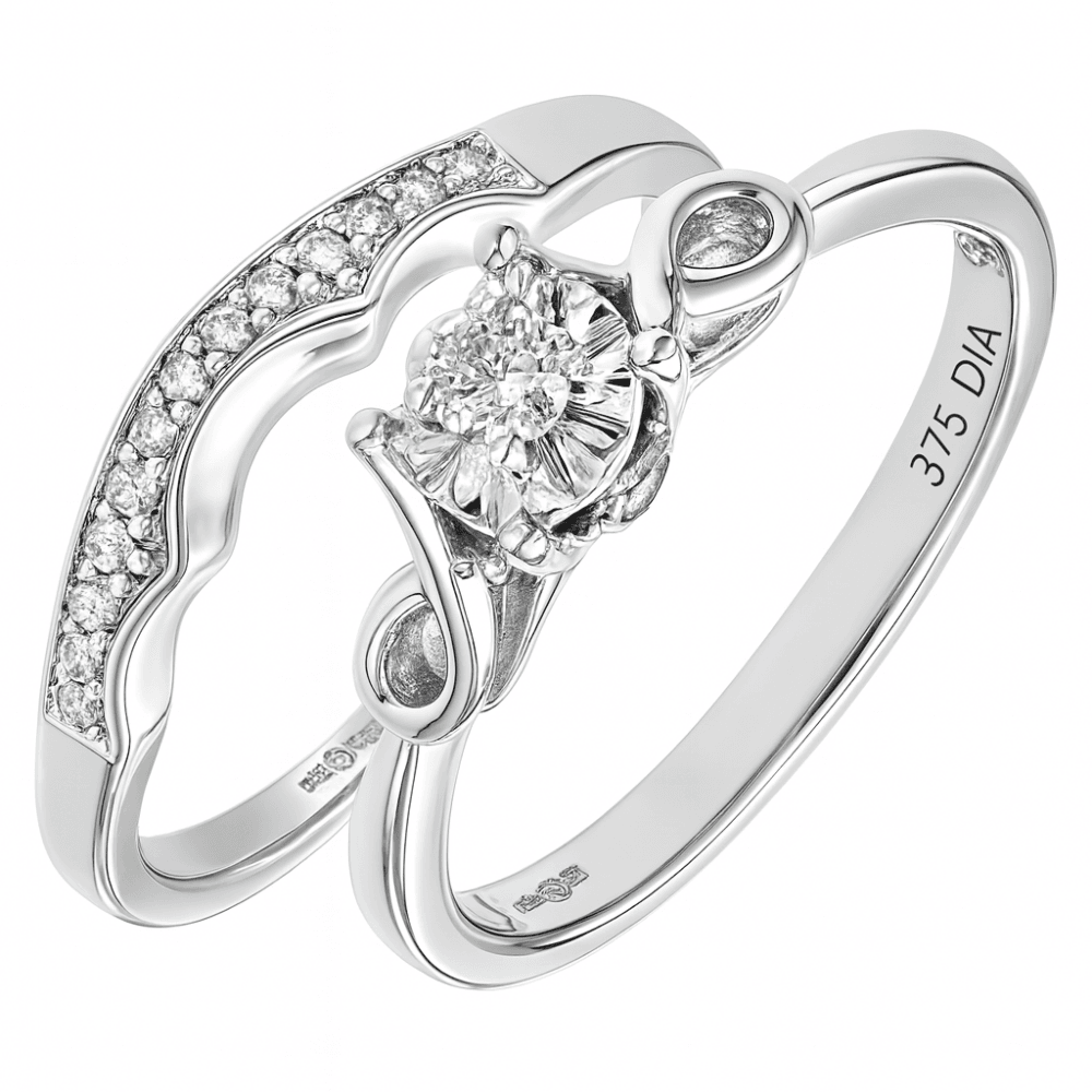 9ct White Gold 0.15 Carat Natural Diamond Bridal Ring Set of 2