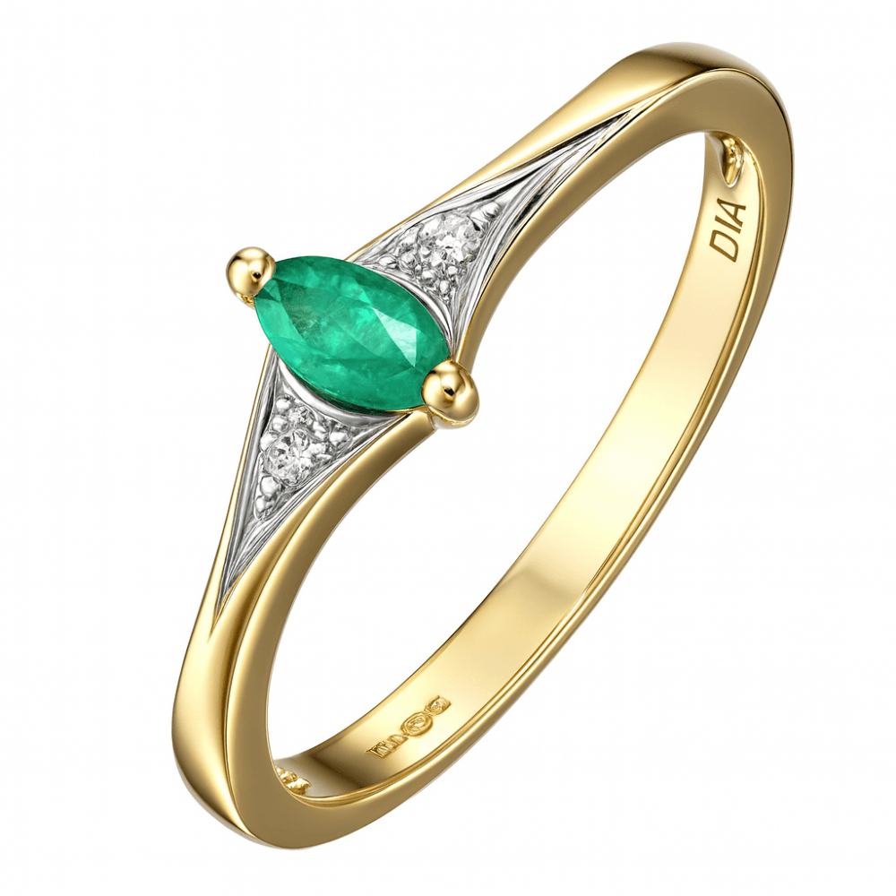 9ct Yellow Gold Marquise Emerald and Diamond Trilogy Ring