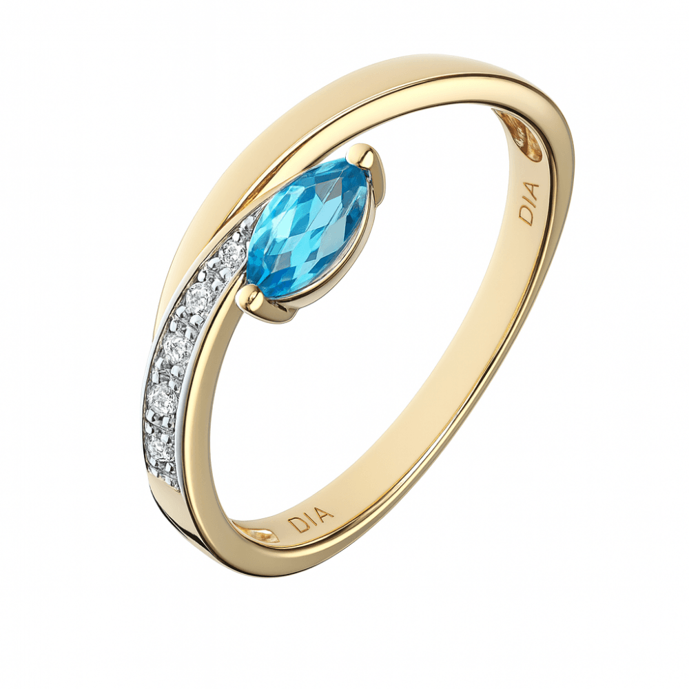 Ladies 9ct Yellow Gold 0.01ct Diamond and Marquise Blue Topaz Ring