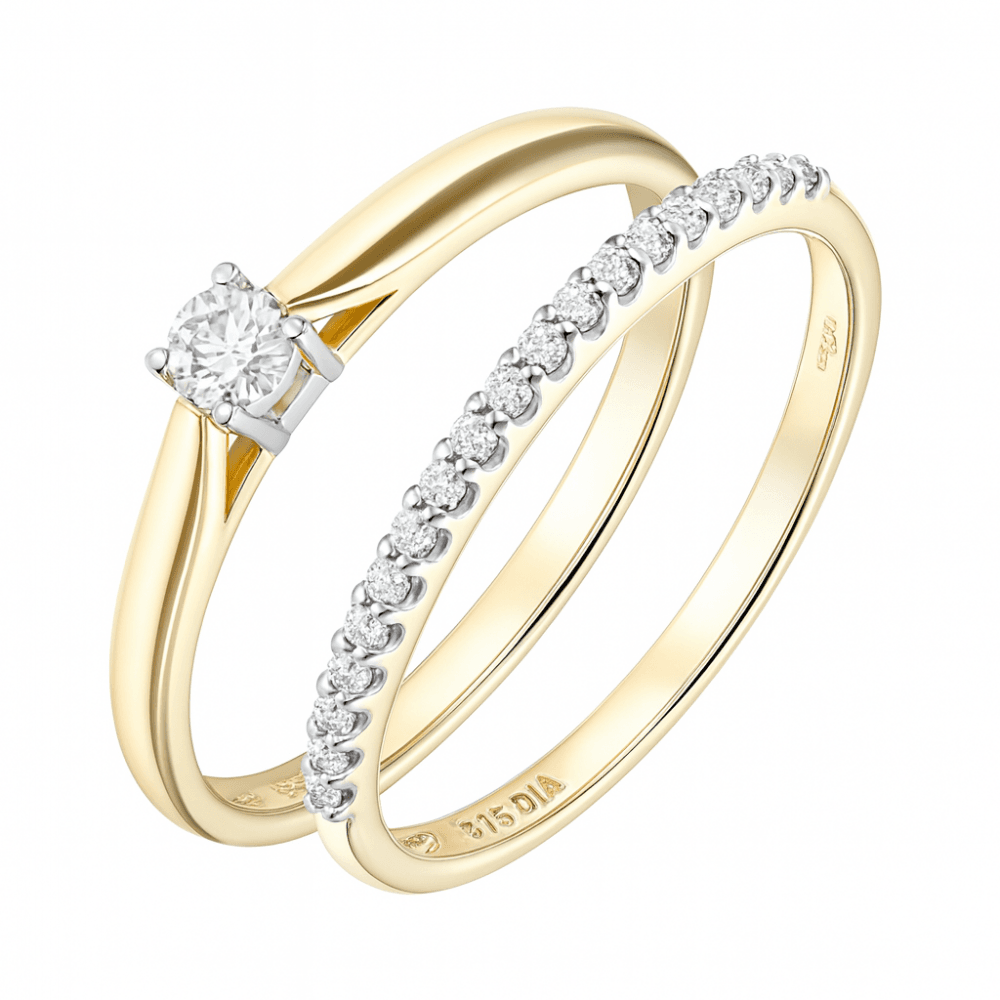 9ct Gold 0.25 Carat Natural Diamond Solitaire & Band Bridal Ring Set of 2