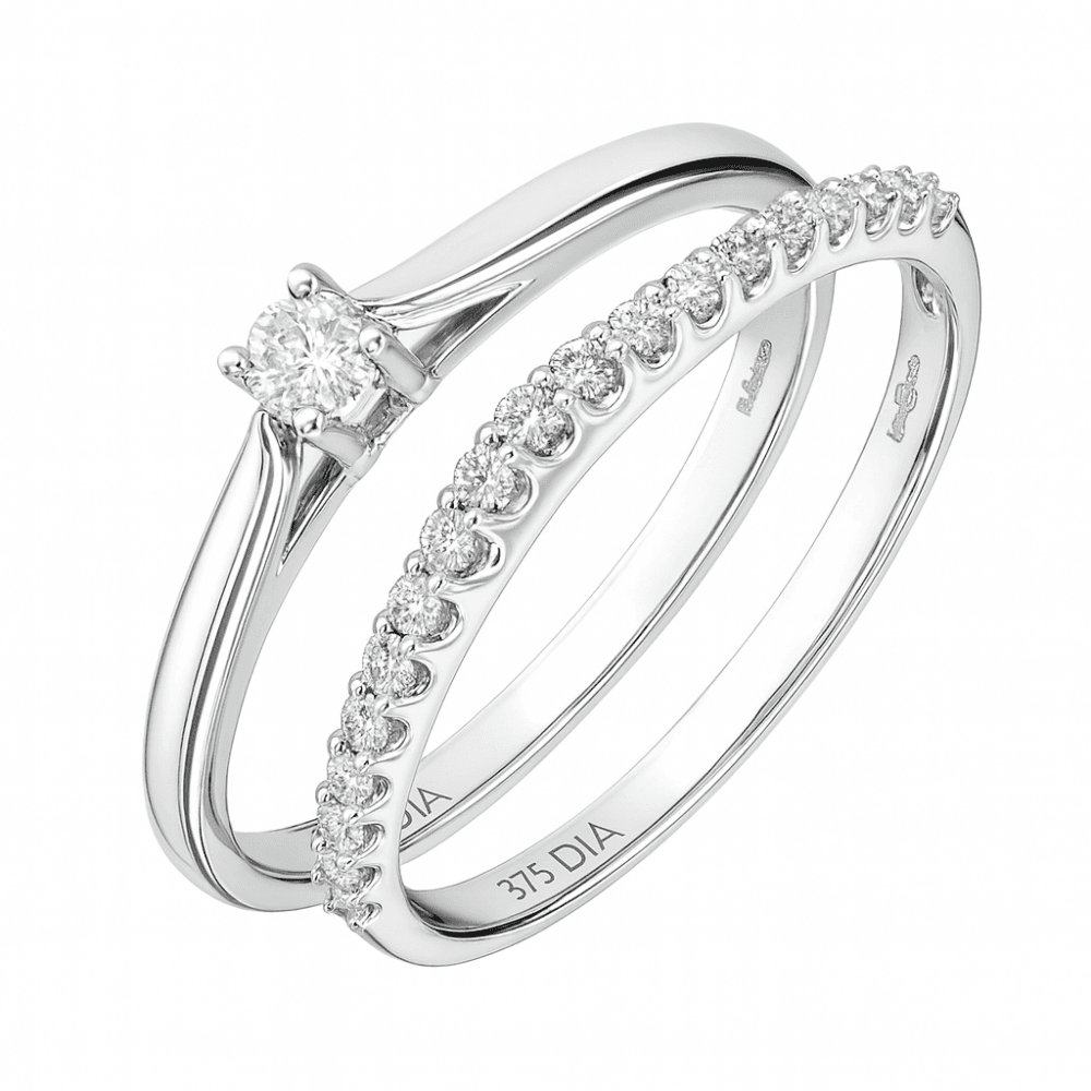 Diamond Solitaire and Band Bridal Ring Set 9ct White Gold | Prime Jewellery