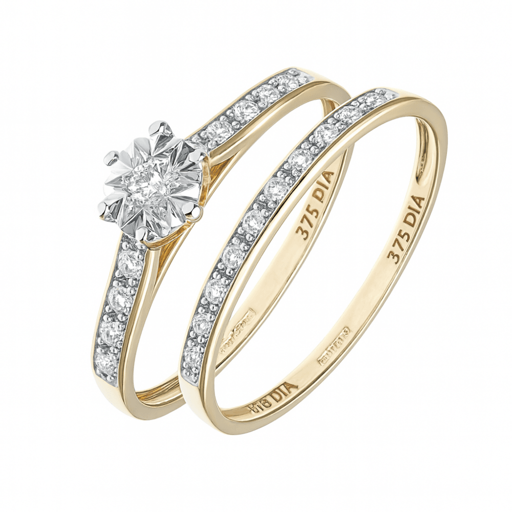 Diamond Solitaire and Band Bridal Ring Set 9ct Gold 0.16ct | Prime Jewellery