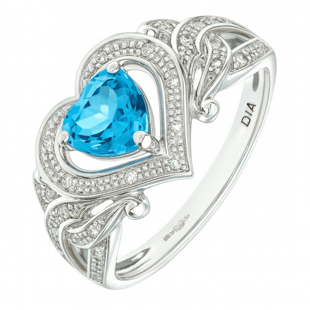 Ladies 9ct White Gold 0.10ct Diamond and Heart Blue Topaz Ring