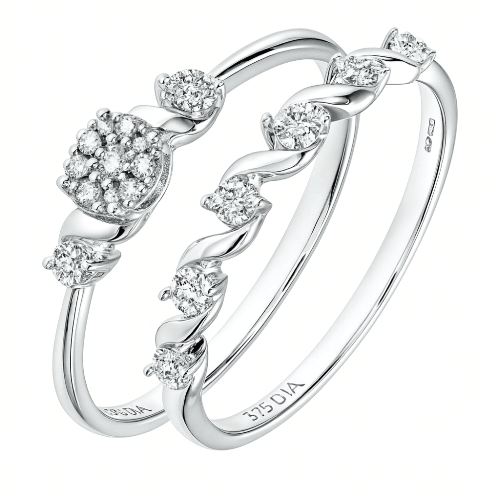 9ct White Gold Natural Diamond Fancy Bridal Ring Set