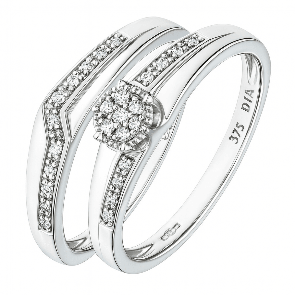 Designer Inspired 9ct White Gold 0.12 Carat Natural Diamond Bridal Ring Set