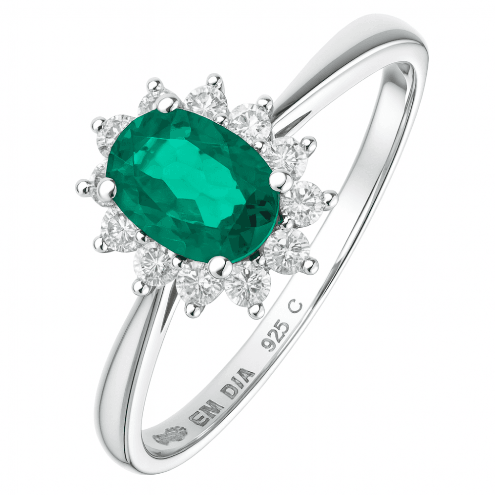 Oval Emerald and Diamond Cluster Ring 9ct White Gold | Prime Jewellery