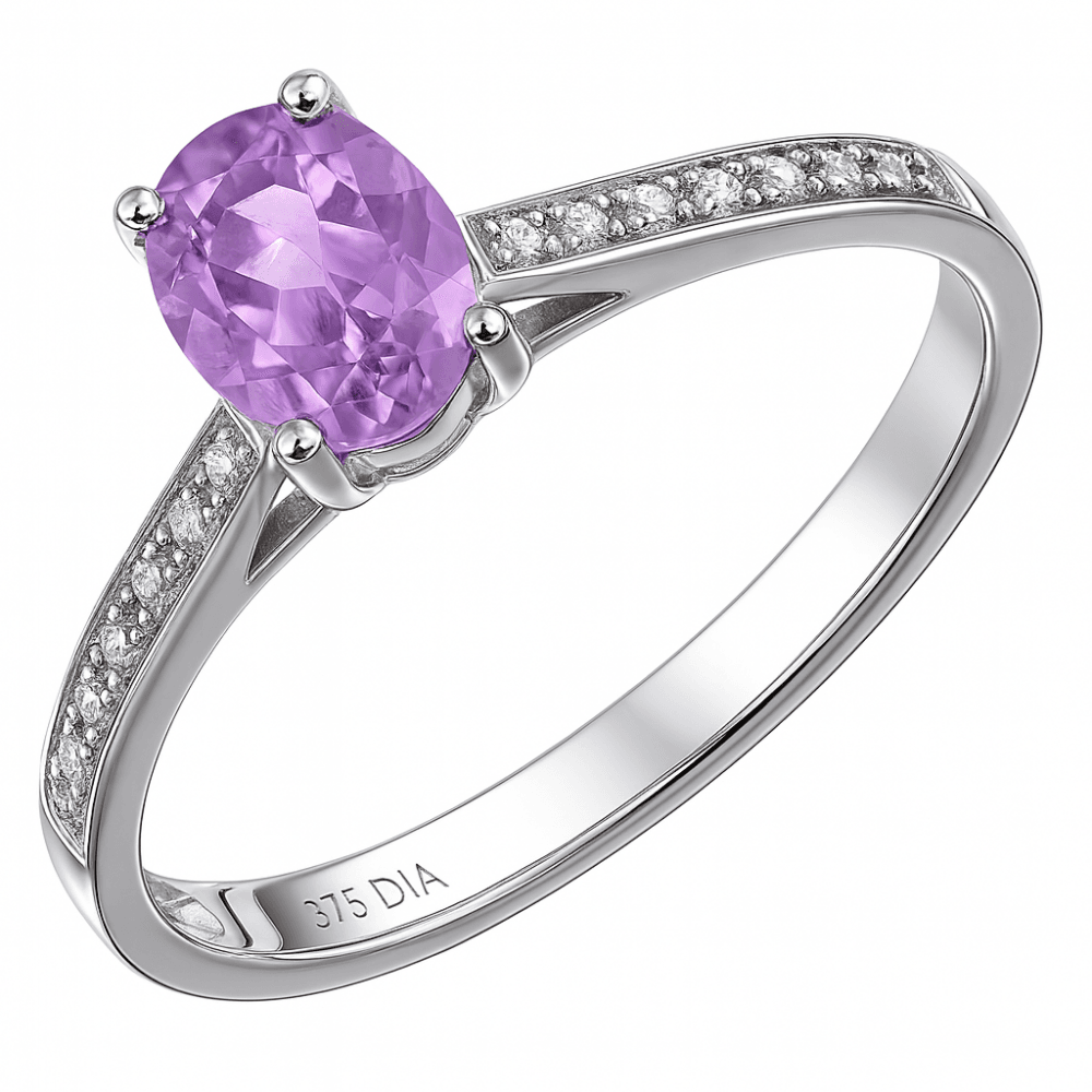9ct White Gold Women Oval Amethyst and 0.05ct Diamond Engagement Ring