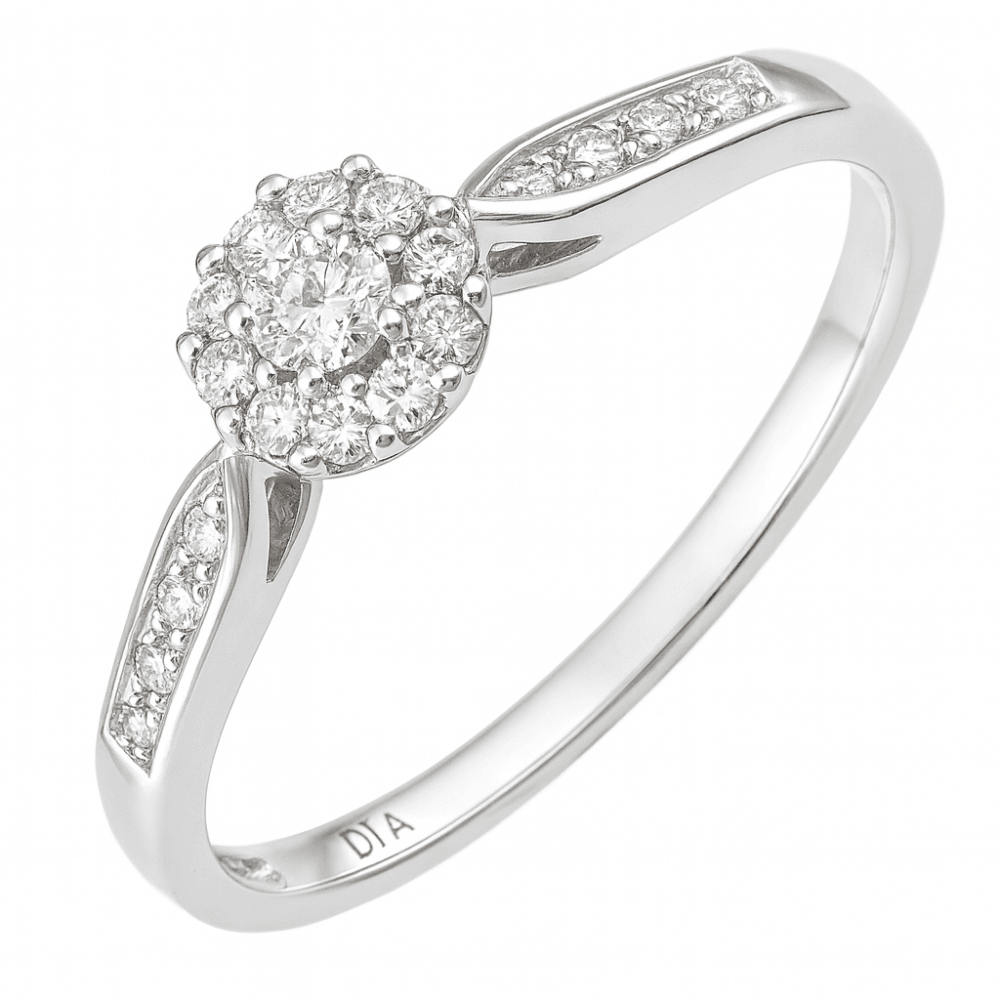 Diamond Cluster Halo Engagement Ring 9ct White Gold | Prime Jewellery
