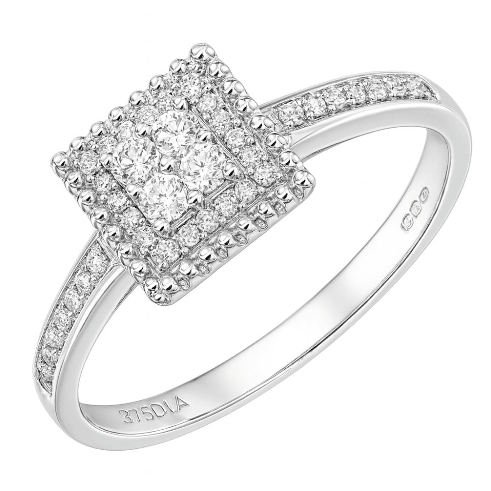 Diamond Square Halo Ring 9ct White Gold | Prime Jewellery