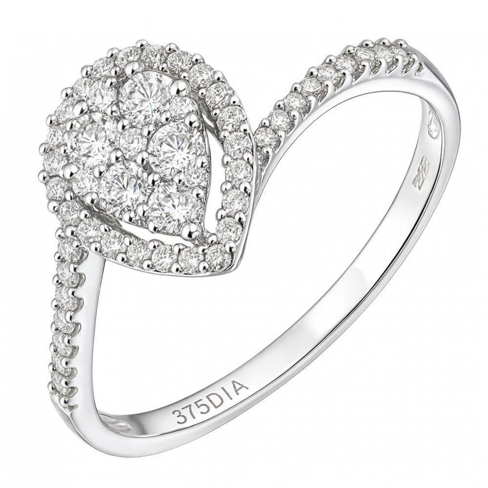 9ct White Gold 0.40 Carat Natural Diamond Cluster Pear Bypass Ring