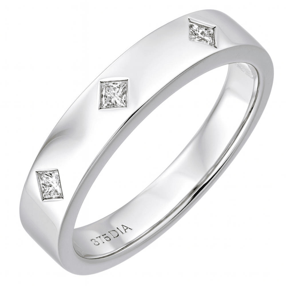 9ct White Gold 0.12 Carat Natural Diamond Flush Set Princess Wide Wedding Band Ring