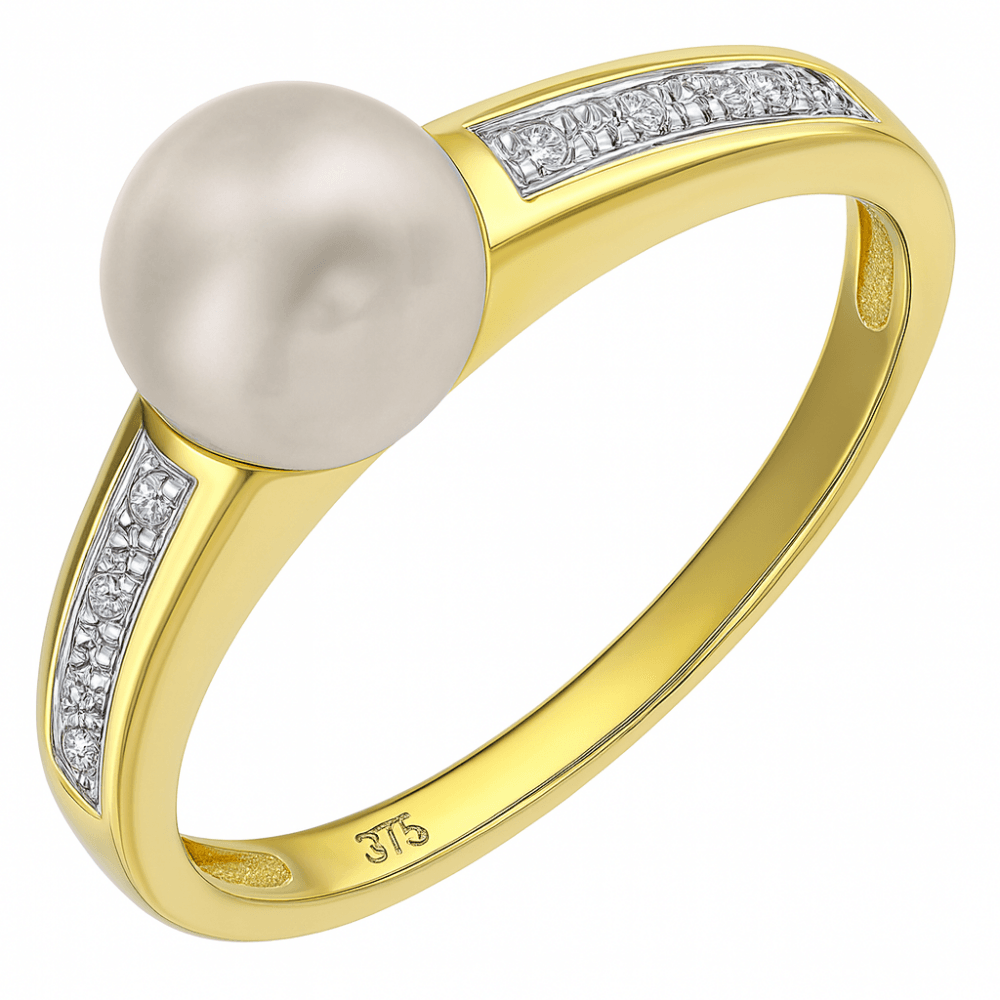 9ct Yellow Gold 0.04ct Diamond And Cultured Pearl Ring