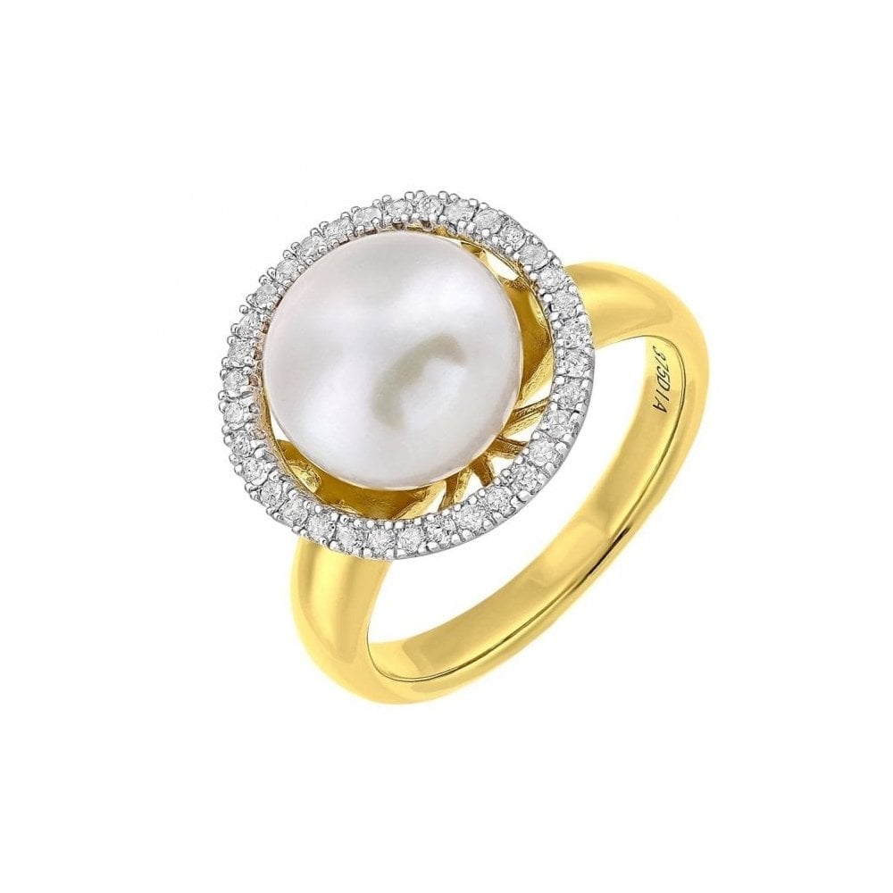 9ct Yellow Gold 0.20ct Diamond And Cultured Pearl Ring