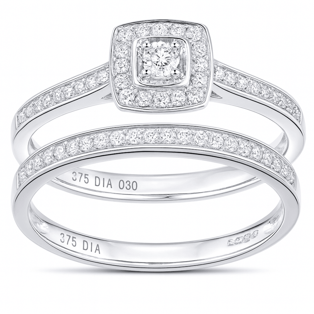 9ct White Gold 0.30 Carat Natural Diamond Cluster Halo Bridal Ring Set