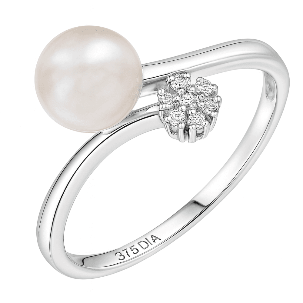 9ct White Gold 0.05ct Diamond And Cultured Pearl Ring