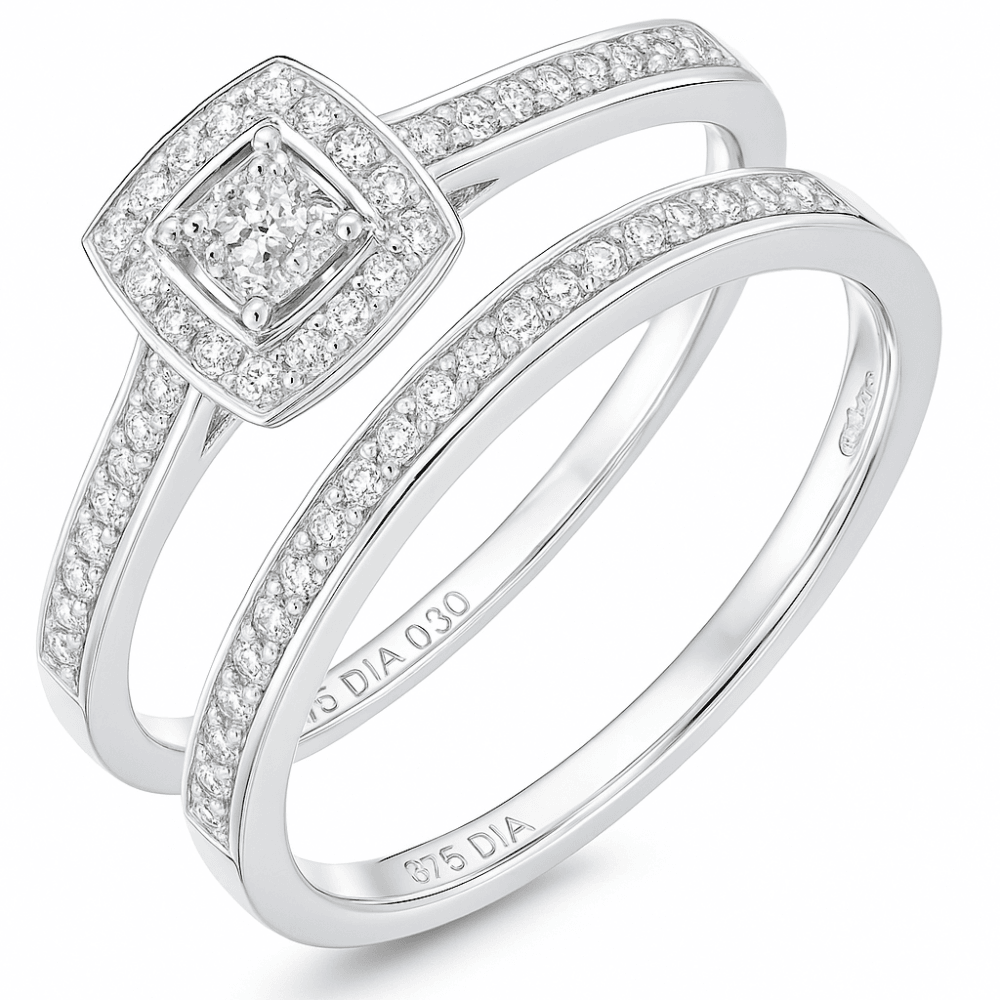 9ct White Gold 0.30 Carat Natural Diamond Cluster Halo Bridal Ring Set